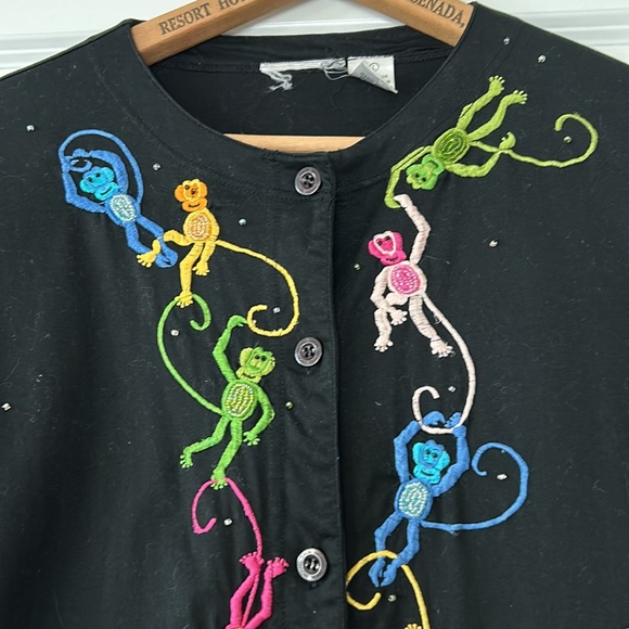 Michael Simon Lite Button-Front Cotton Cardigan w Beaded & Embroidered Monkeys - Picture 2 of 11